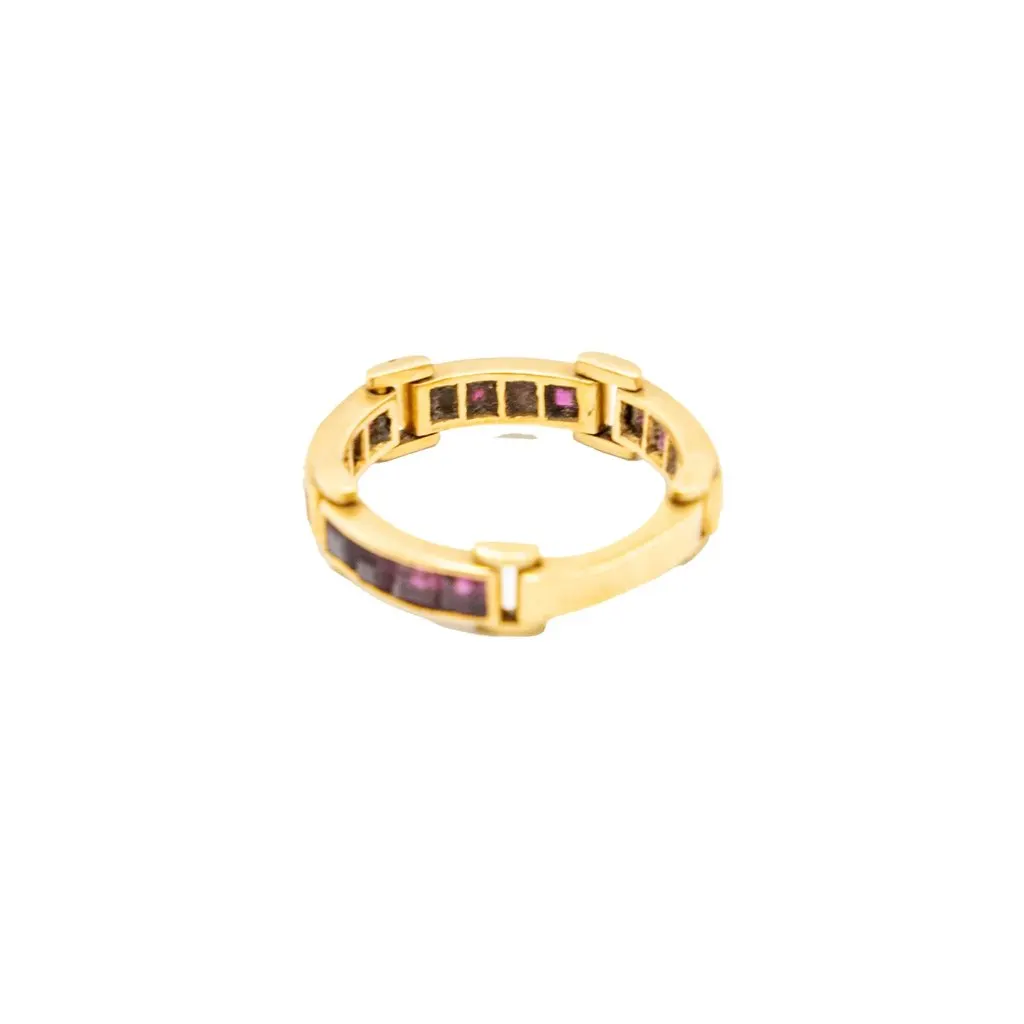 Unsigned Vintage 18K Yellow Gold Band Ring with Channel-Set Rubies - '80s Yellow Good - Model View