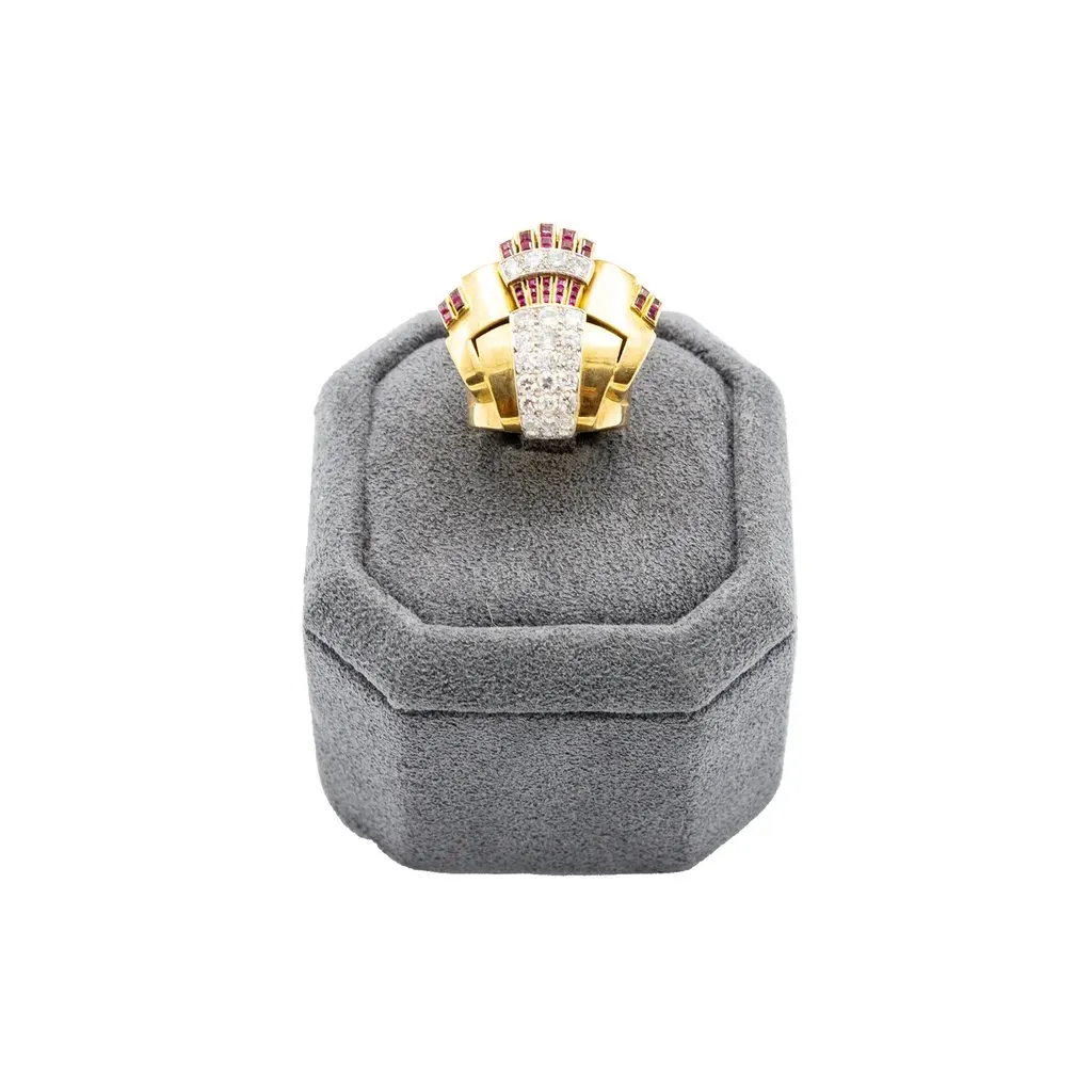 Unsigned Retro 18K Gold Cocktail Ring with Diamonds and Rubies - '40s Gold Good - Front View