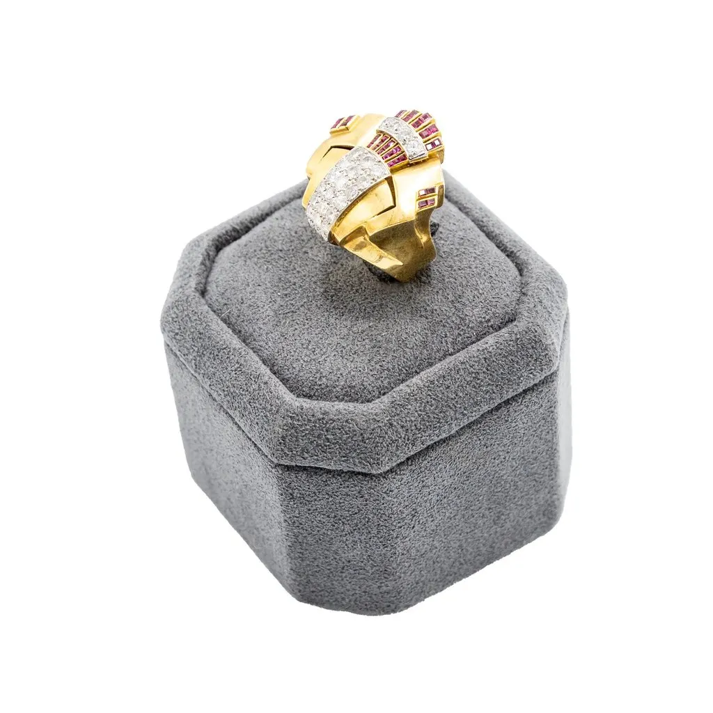 Unsigned Retro 18K Gold Cocktail Ring with Diamonds and Rubies - '40s Gold Good - Back View