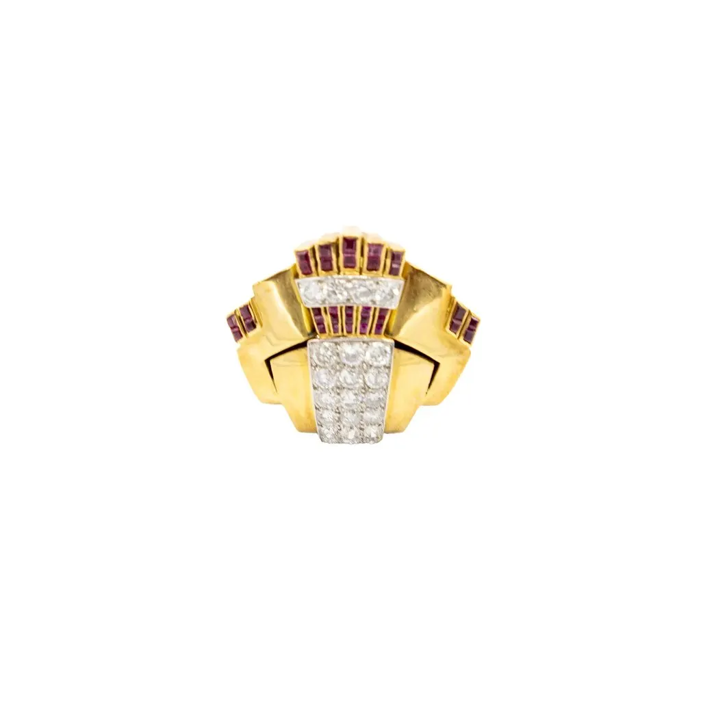 Unsigned Retro 18K Gold Cocktail Ring with Diamonds and Rubies - '40s Gold Good - Inside View