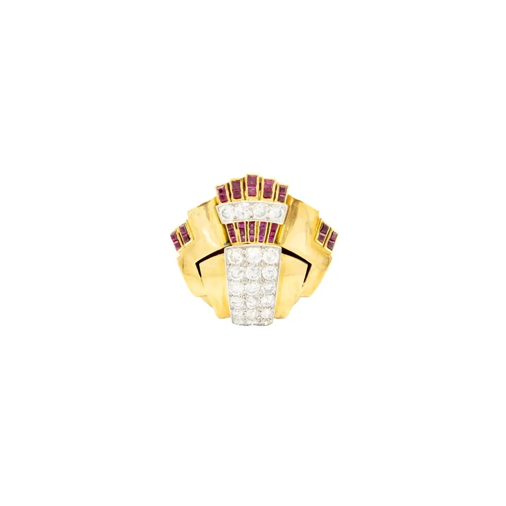 Unsigned Retro 18K Gold Cocktail Ring with Diamonds and Rubies - '40s Gold Good - Model View
