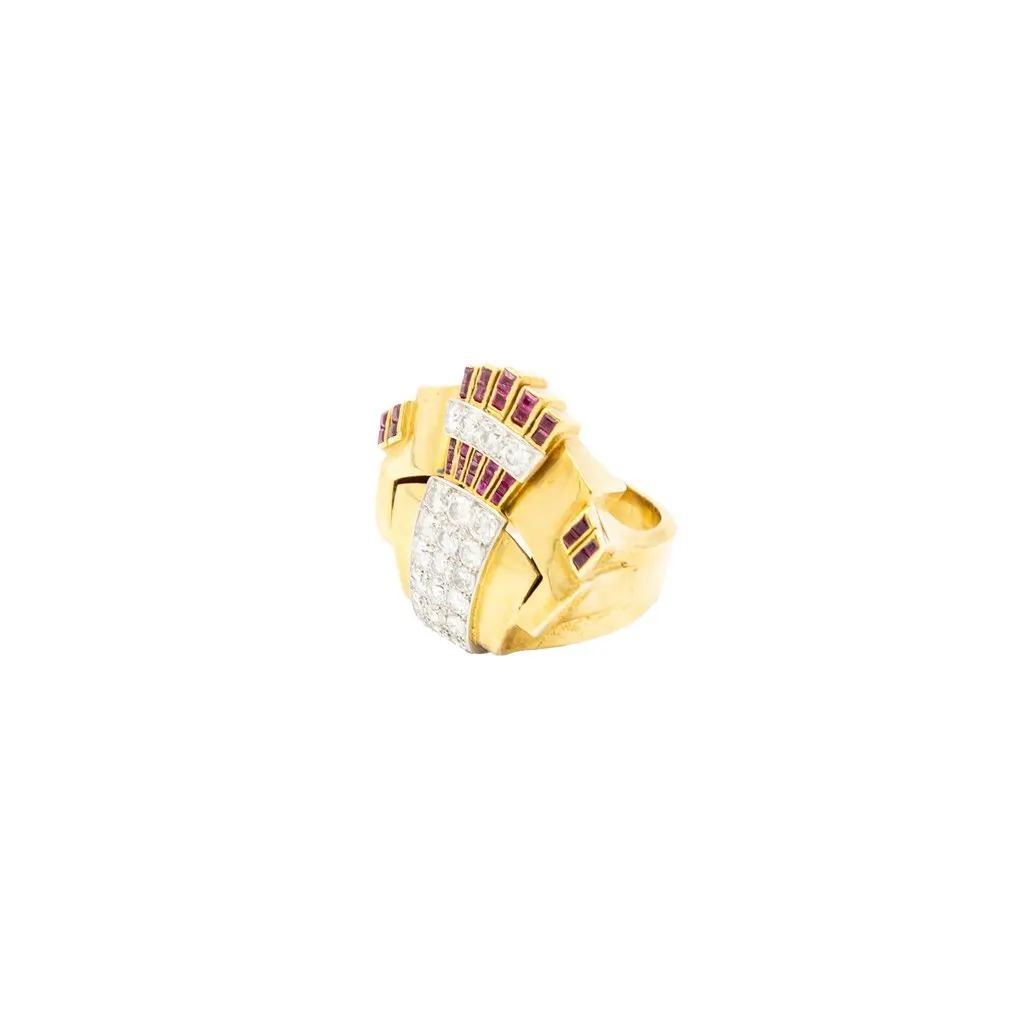 Unsigned Retro 18K Gold Cocktail Ring with Diamonds and Rubies - '40s Gold Good - Box View