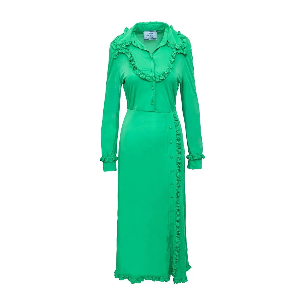 Prada Ruffle Collar Long Dress - '20s Green Good - Front View
