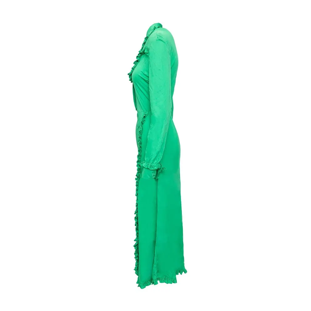 Prada Ruffle Collar Long Dress - '20s Green Good - Model View