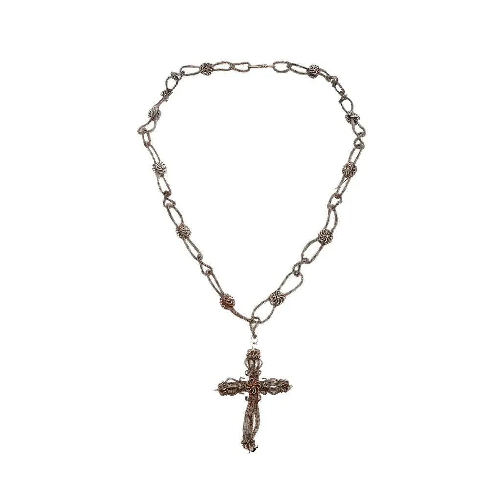 Unsigned 18th Century Silesian Iron Work Cross Necklace MultiColor Lace Good - Front View