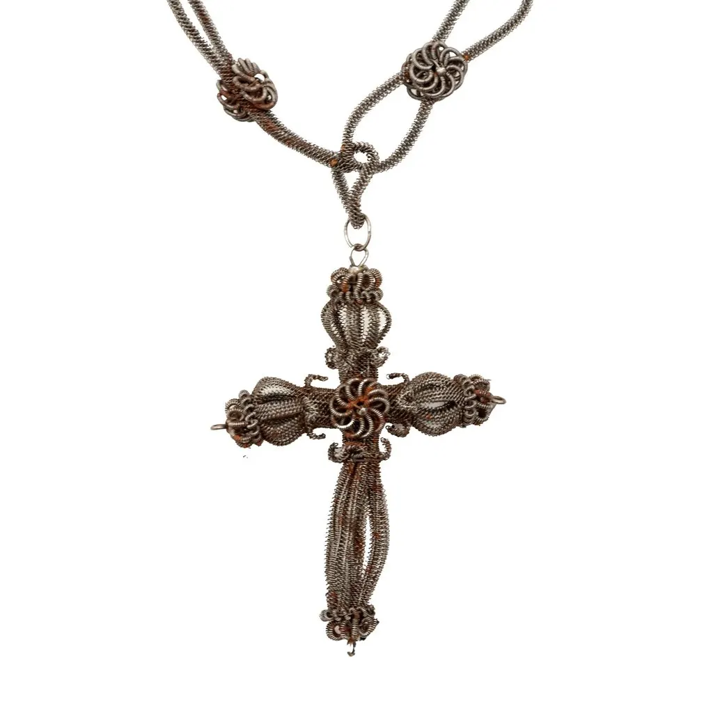 Unsigned 18th Century Silesian Iron Work Cross Necklace MultiColor Lace Good - Back View
