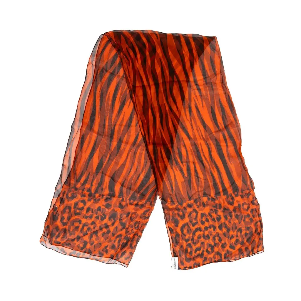 Saint Laurent Leopard Print Scarf - '00s Brown Silk Good - Front View