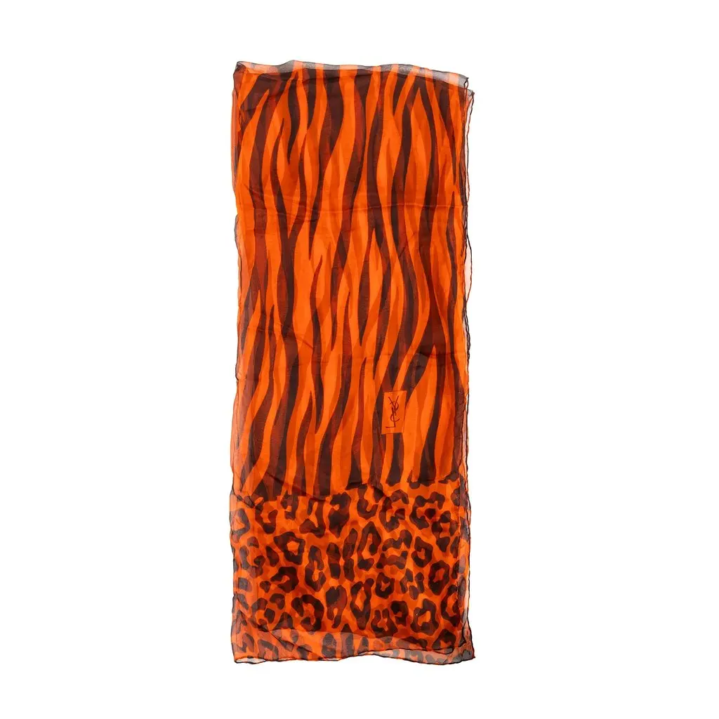 Saint Laurent Leopard Print Scarf - '00s Brown Silk Good - Back View