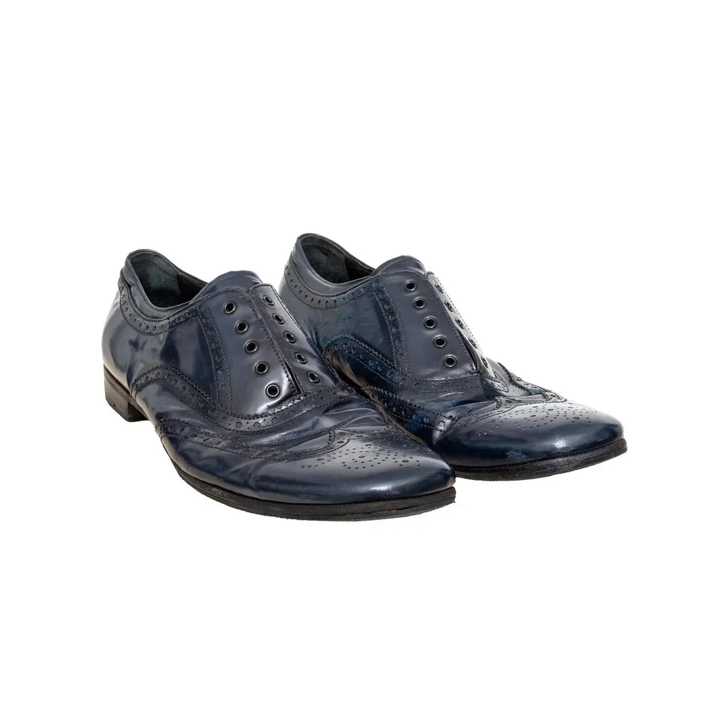 Prada Blue Brogue Leather Shoes - '00s Blue Leather Good - Model View
