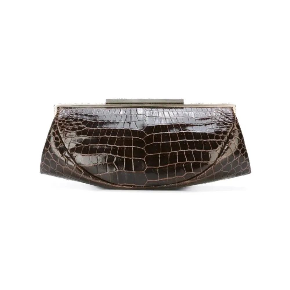 Giorgio Armani Brown Crocodile Leather Clutch - '80s Brown Leather Good - Front View