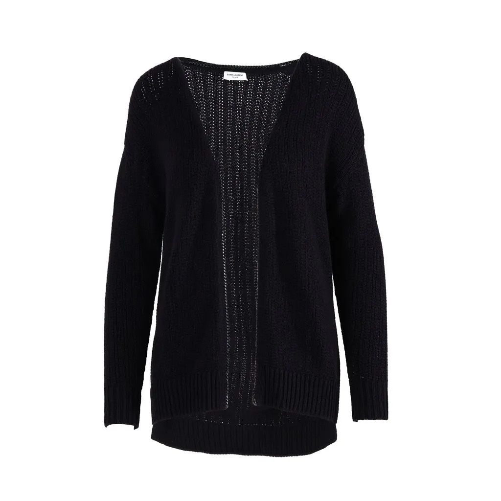 Saint Laurent Black Chain Trim Long College Cardigan - '10s Black Wool Good - Front View