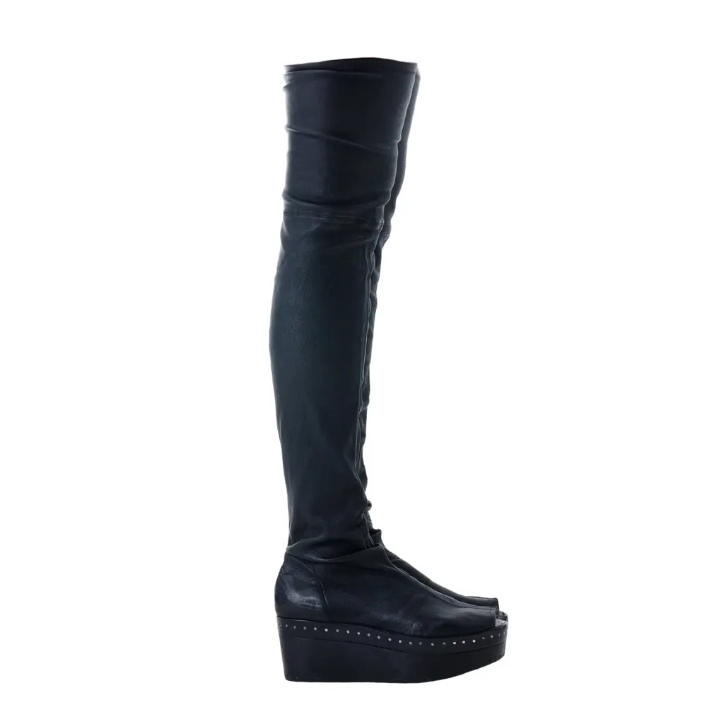 Rick Owens Thigh-High Leather Wedge Boots - '10s Black Leather Good - Front View