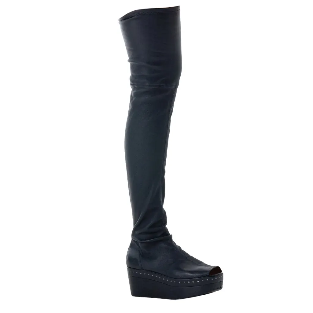 Rick Owens Thigh-High Leather Wedge Boots - '10s Black Leather Good - Back View