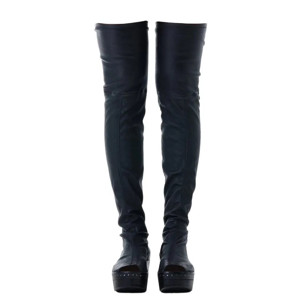Rick Owens Thigh-High Leather Wedge Boots - '10s Black Leather Good - Inside View