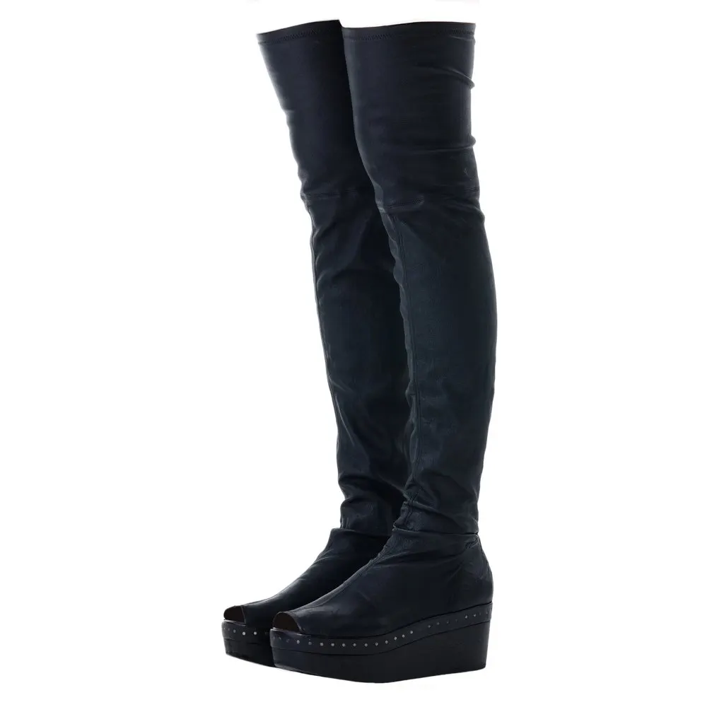 Rick Owens Thigh-High Leather Wedge Boots - '10s Black Leather Good - Model View