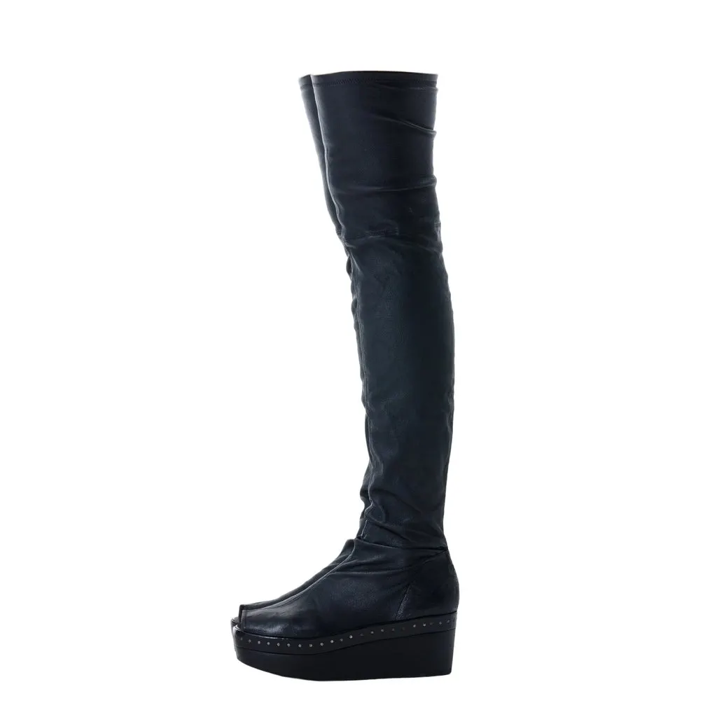 Rick Owens Thigh-High Leather Wedge Boots - '10s Black Leather Good - Box View