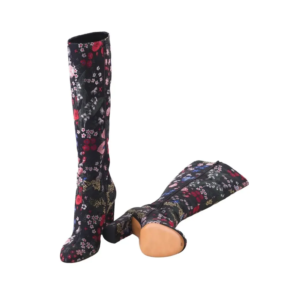 Valentino Garavani Floral Jacquard Knee-High Boots – ’10s White Canvas Good - Model View