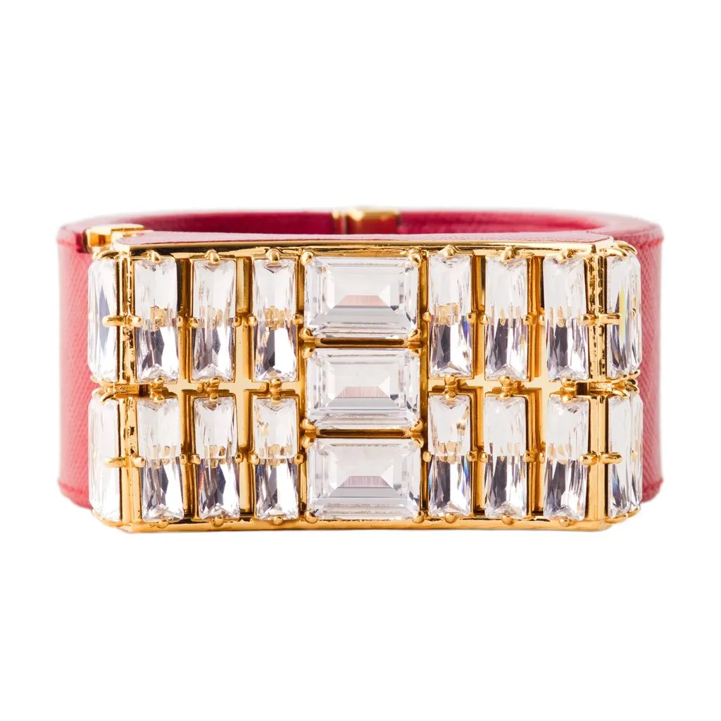 Prada Crystal Saffiano Leather Cuff Bracelet - '10s Red Leather Good - Front View