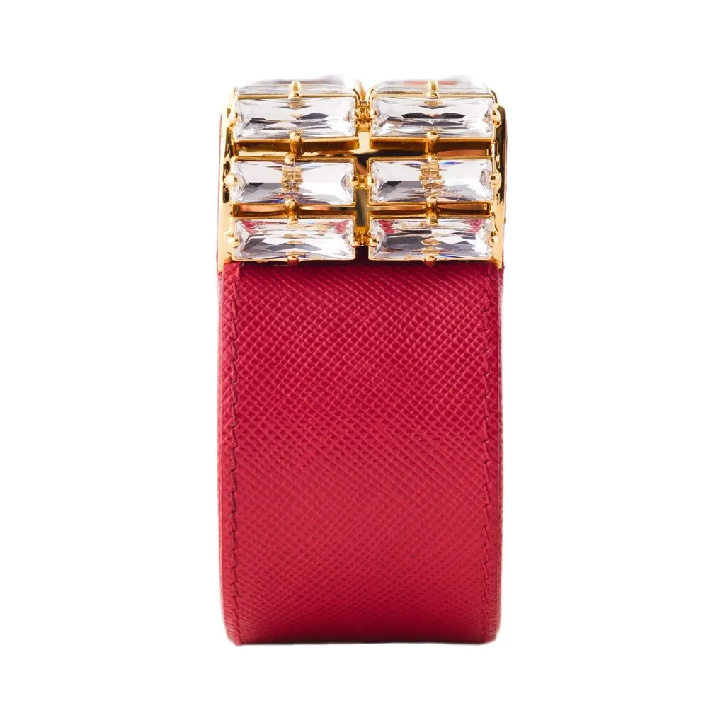 Prada Crystal Saffiano Leather Cuff Bracelet - '10s Red Leather Good - Inside View