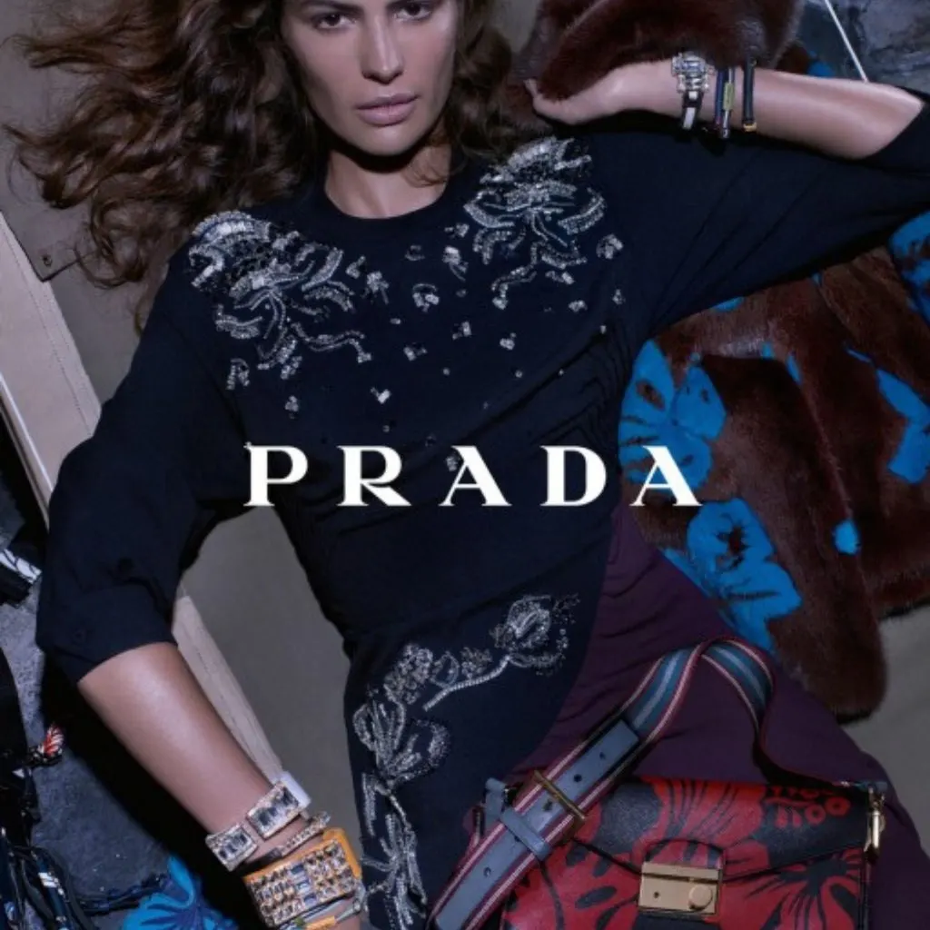 Prada Crystal Saffiano Leather Cuff Bracelet - '10s Red Leather Good - Model View