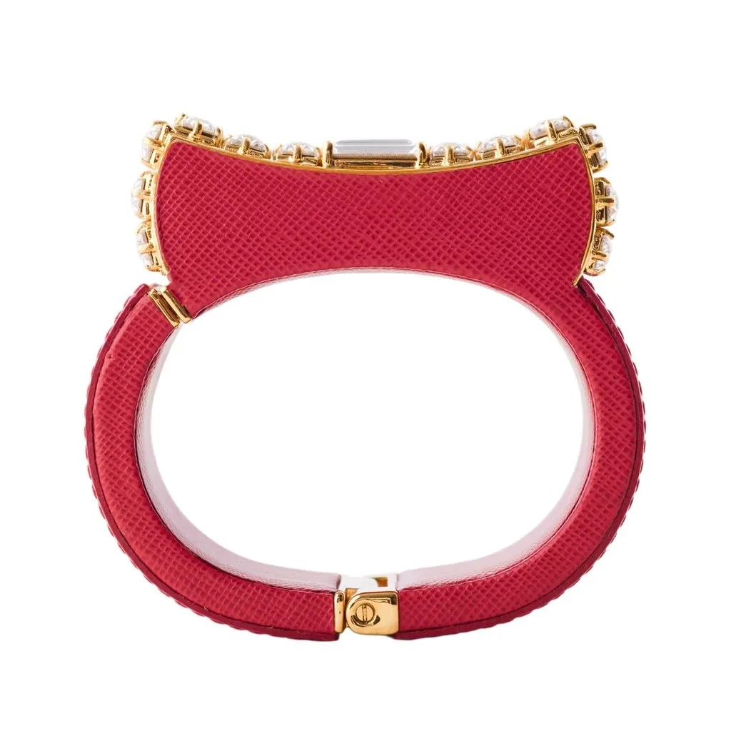 Prada Crystal Saffiano Leather Cuff Bracelet - '10s Red Leather Good - Box View