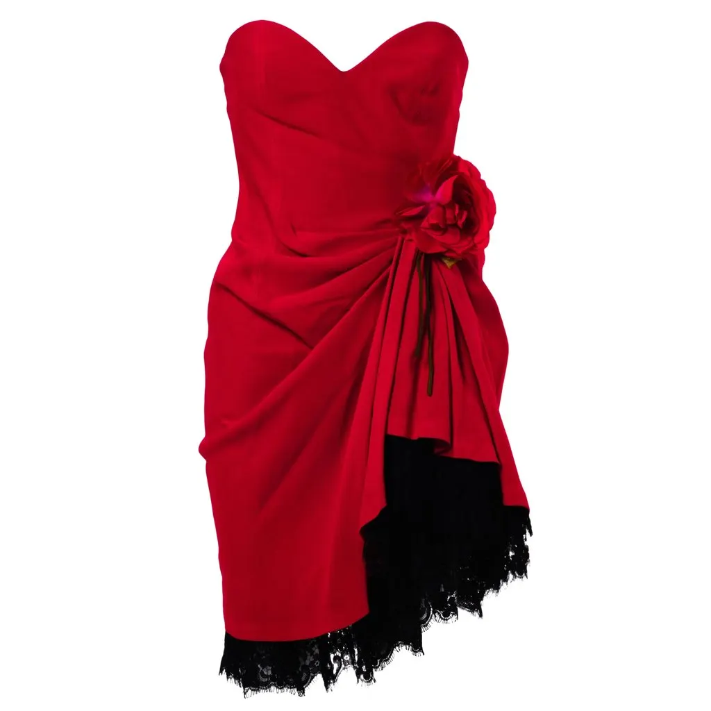 Moschino Couture Strapless Rosette Dress – '90s Black Lace Good - Front View