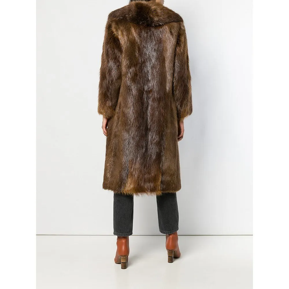 Unsigned Brown Beaver Fur Coat - '70s Brown Good - Model View
