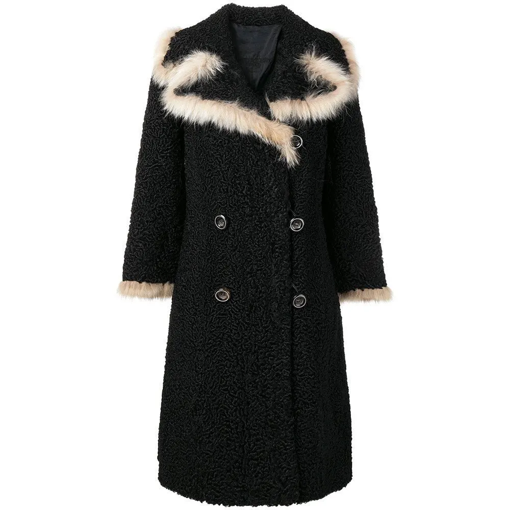 Unsigned Black Persian and Fox Fur Coat - '70s Black Good - Front View