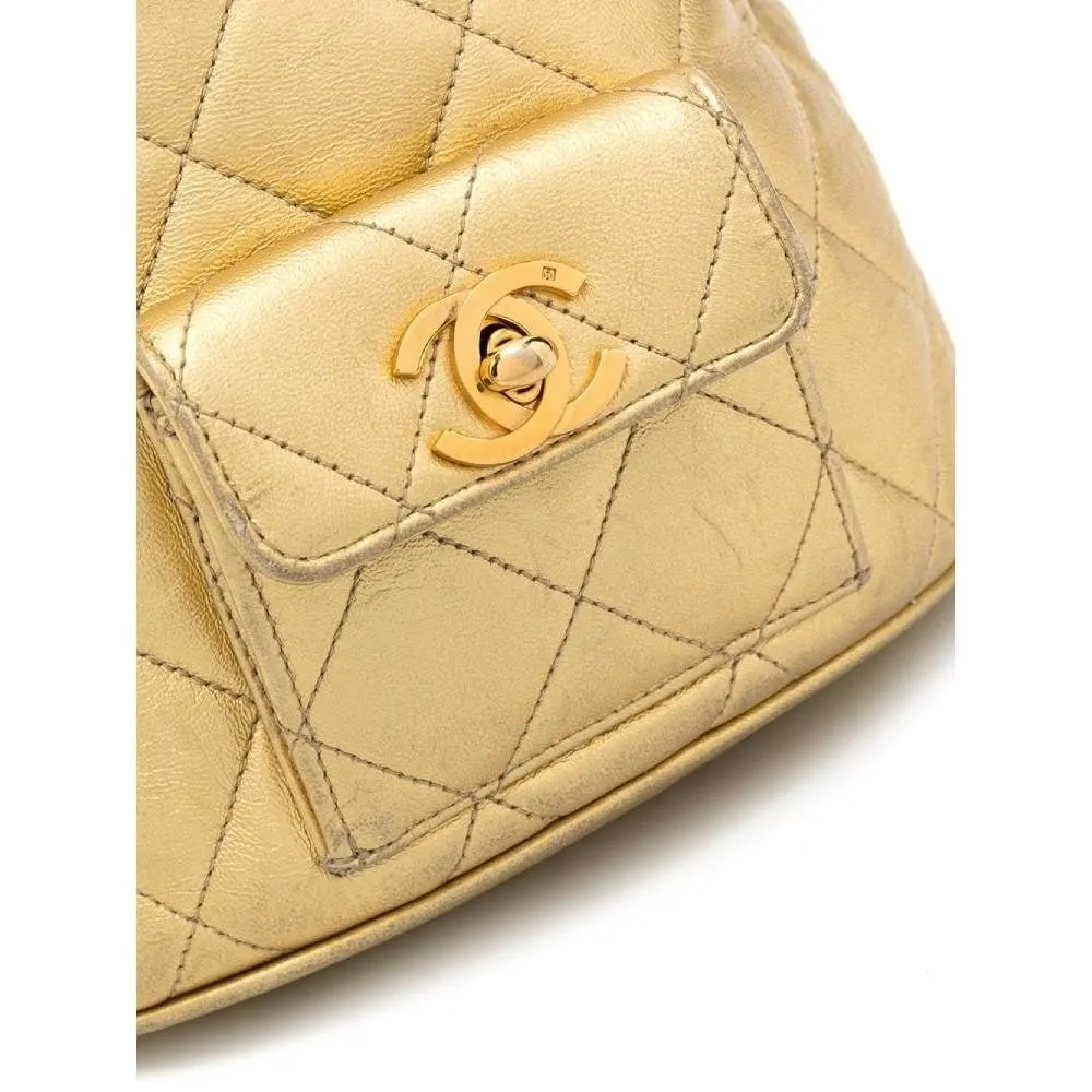 Chanel Gold Quilted Leather Backpack - '90s Gold Leather Good - Model View