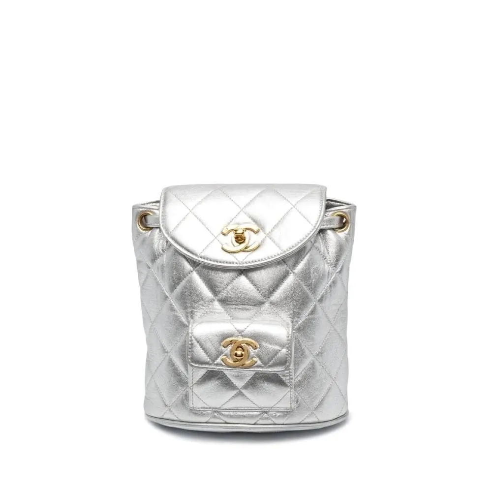 Chanel Silver Quilted Leather Backpack - '90s Silver Leather Good - Front View