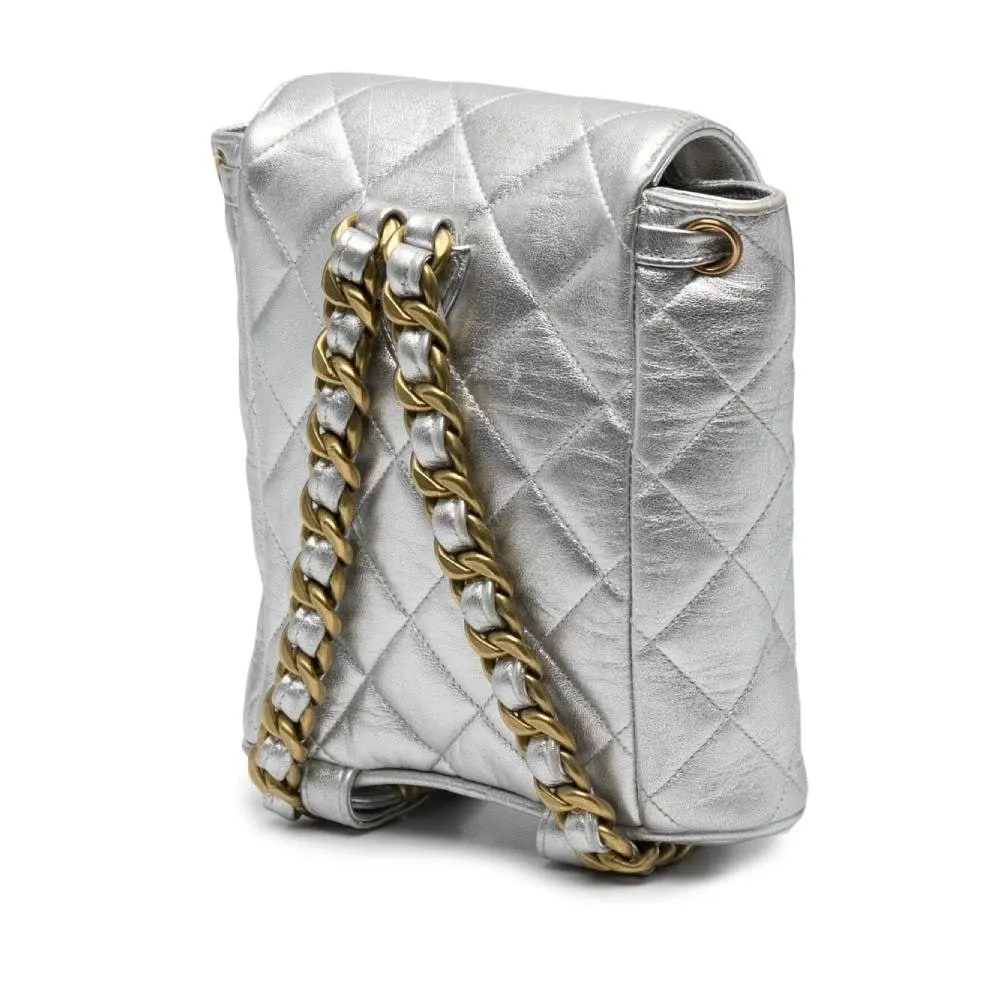 Chanel Silver Quilted Leather Backpack - '90s Silver Leather Good - Inside View