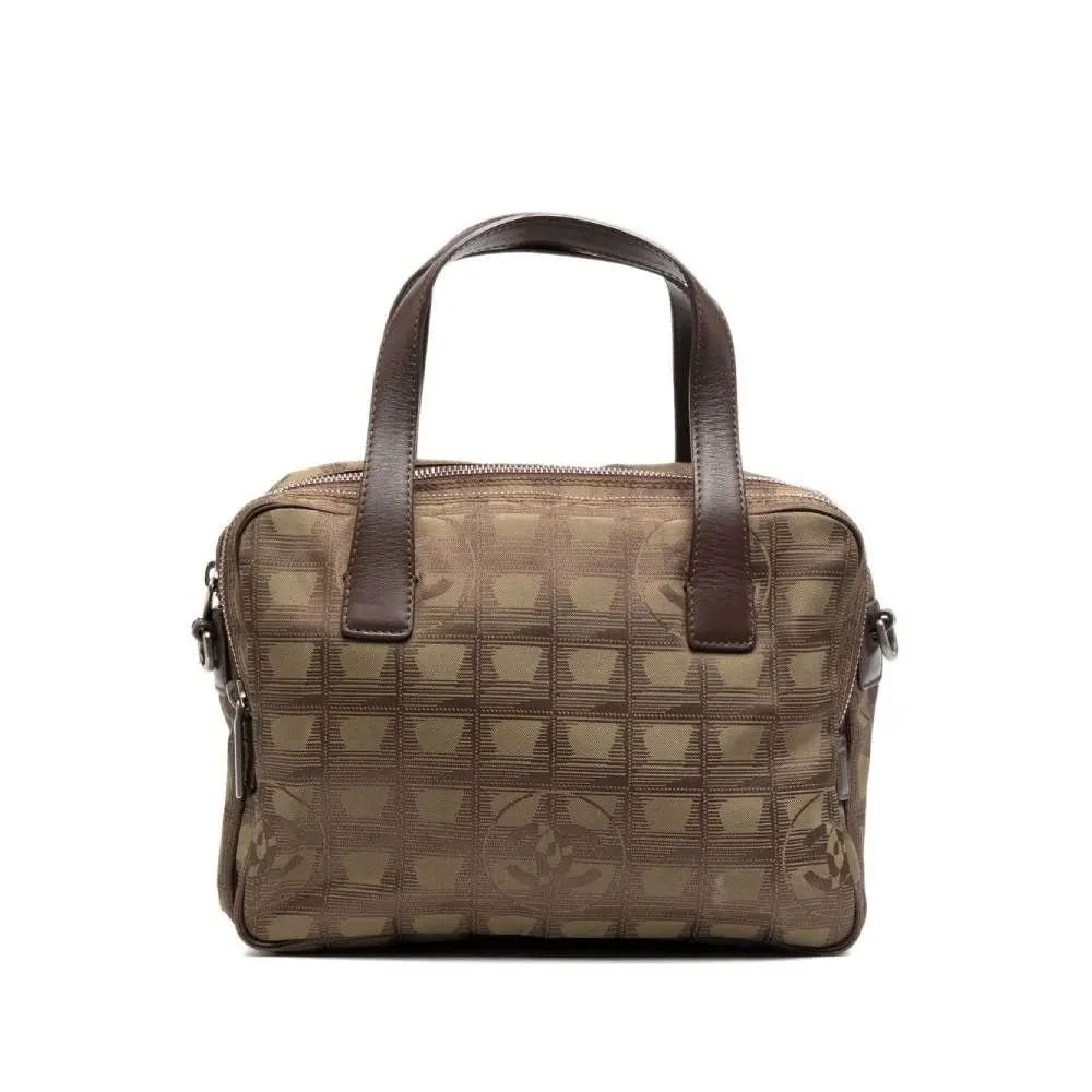 Chanel Travel Line Fabric Handbag - 2000s Brown Leather Good - Front View
