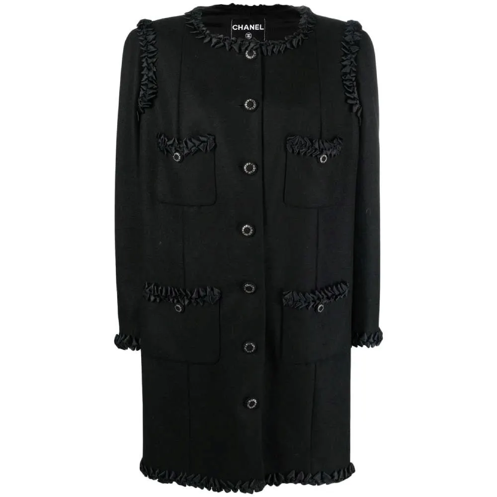 Chanel Black Wool Coat - 2000s Black Wool Good - Front View