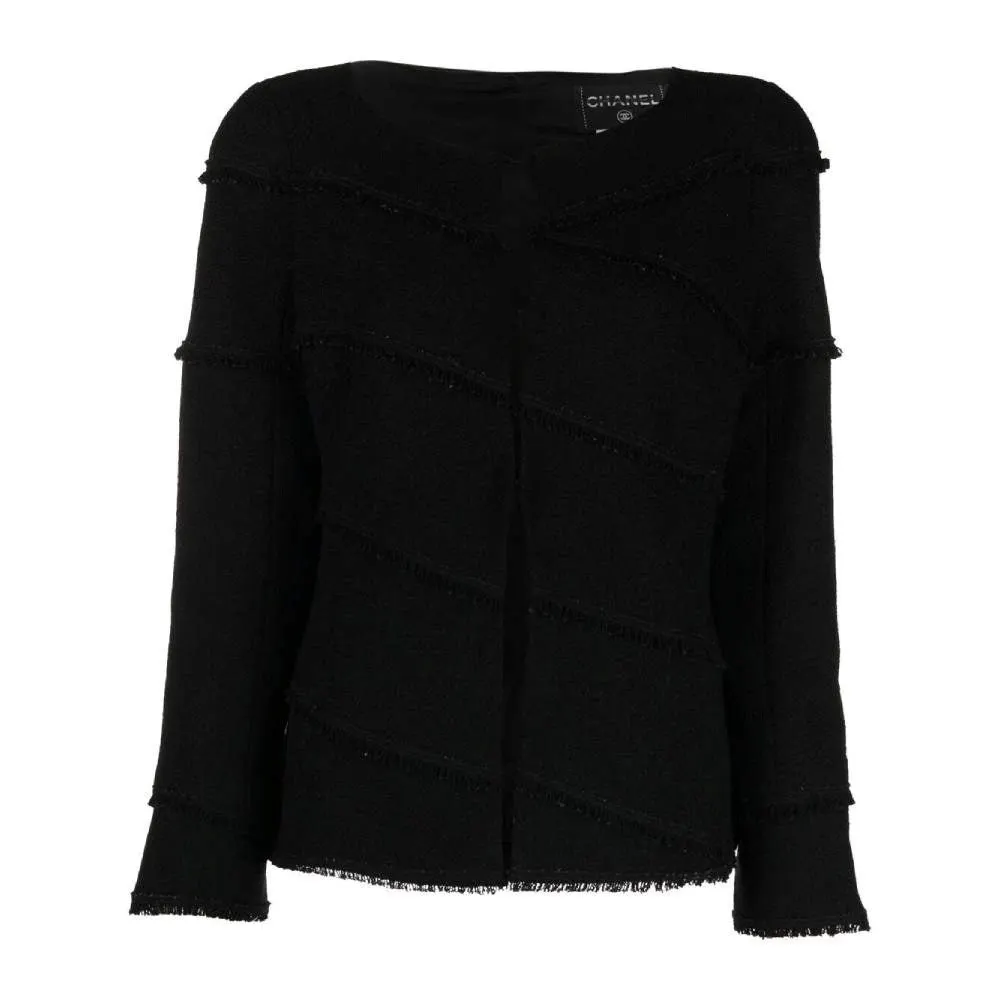 Chanel Black Wool Cardigan Jacket - 2000s Black Wool Good - Front View