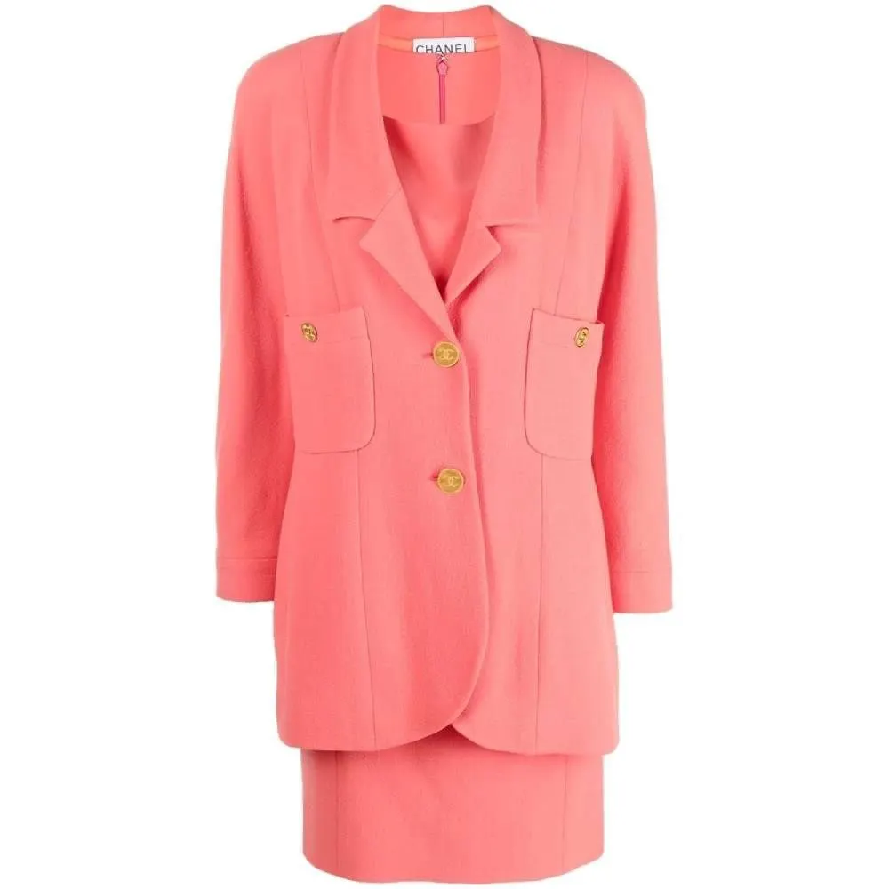 Chanel Salmon Pink Wool Dress Suit - '80s Pink Wool Good - Front View