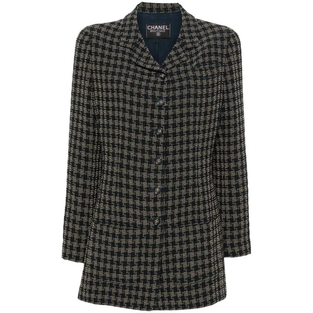 Chanel Blue and Beige Checked Wool Jacket - 2000s Beige Wool Good - Front View