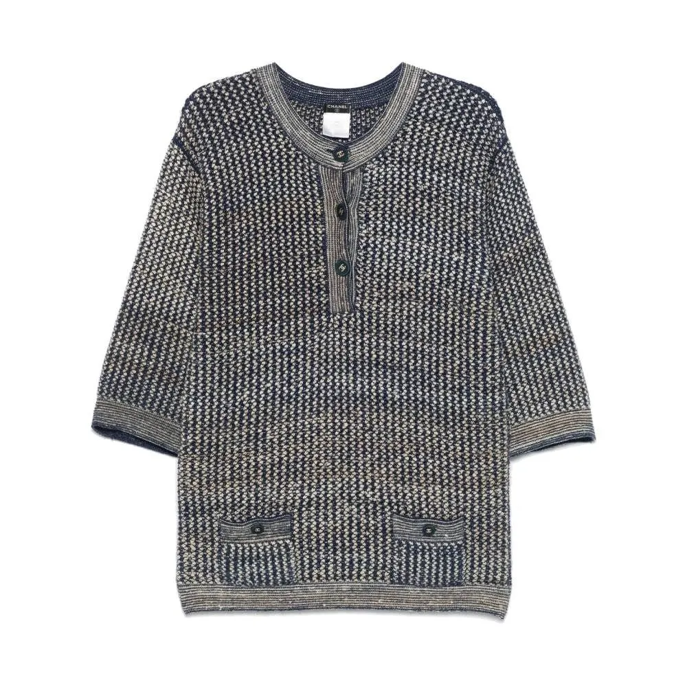 Chanel Blue and Beige Knitted Sweater - 2000s Beige Silk Good - Front View
