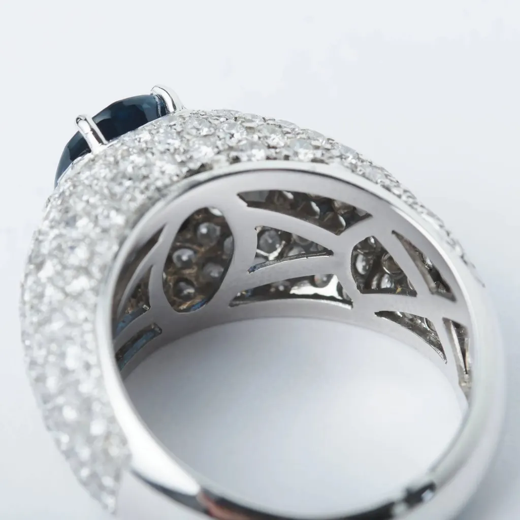 Unsigned Oval Sapphire & Diamond Pavé Ring – White Gold - '90s White Good - Inside View