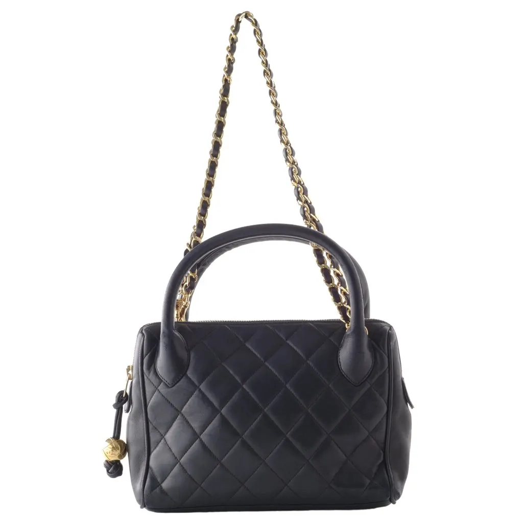 Chanel black lambskin top handle bag - '90s Black Leather Good - Front View