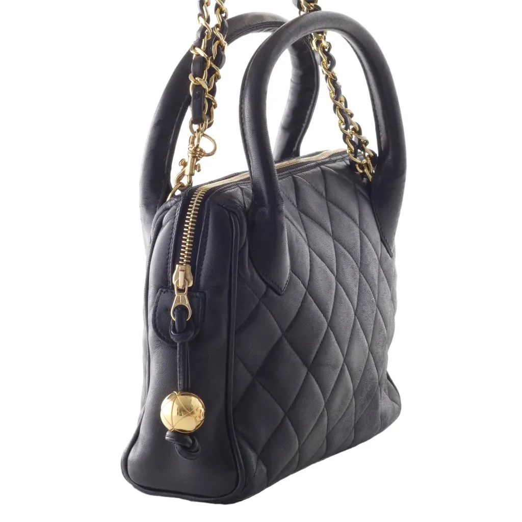 Chanel black lambskin top handle bag - '90s Black Leather Good - Back View