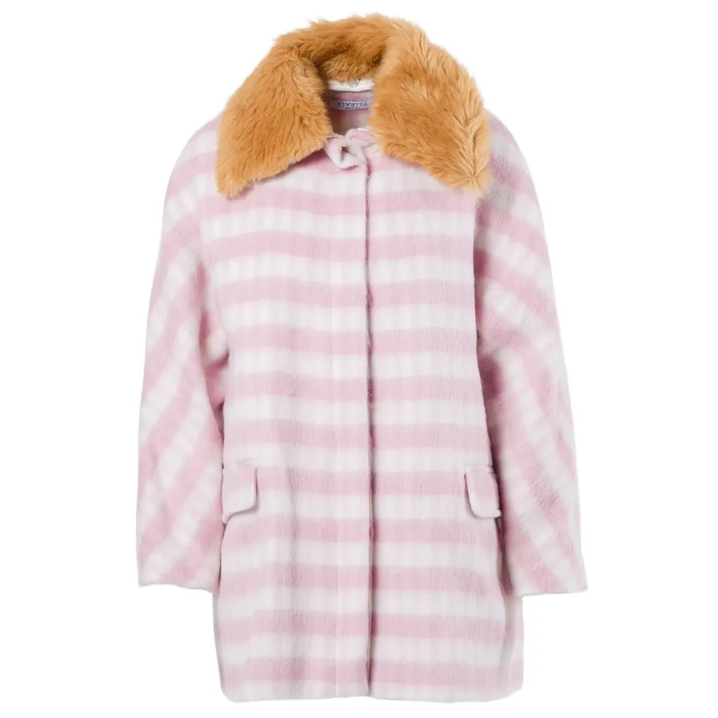 Unsigned Vivetta Striped Coat with Faux Fur Collar - '00s White Good - Front View