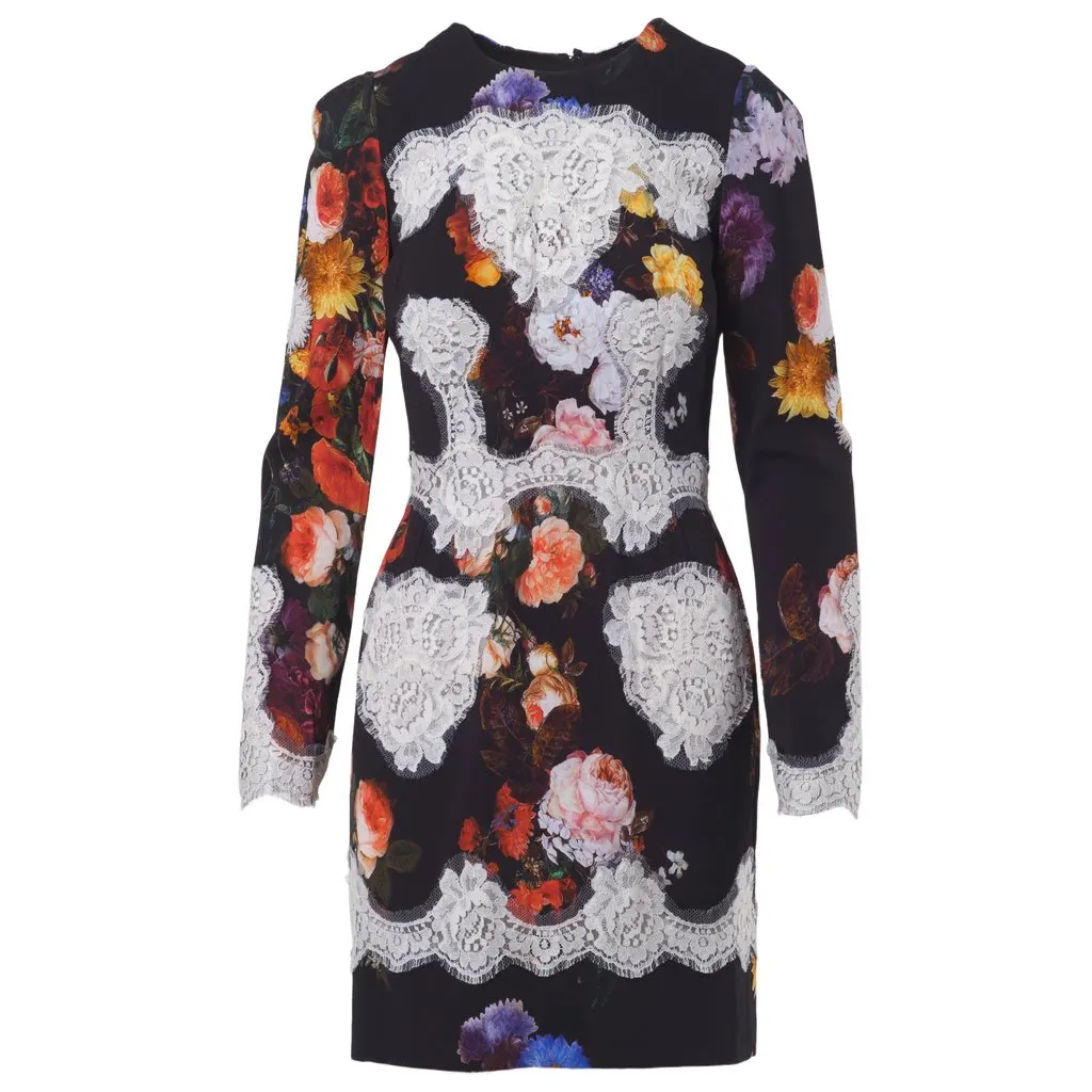 Dolce & Gabbana Floral Print Dress with Lace Details - '10s White Lace Good - Front View