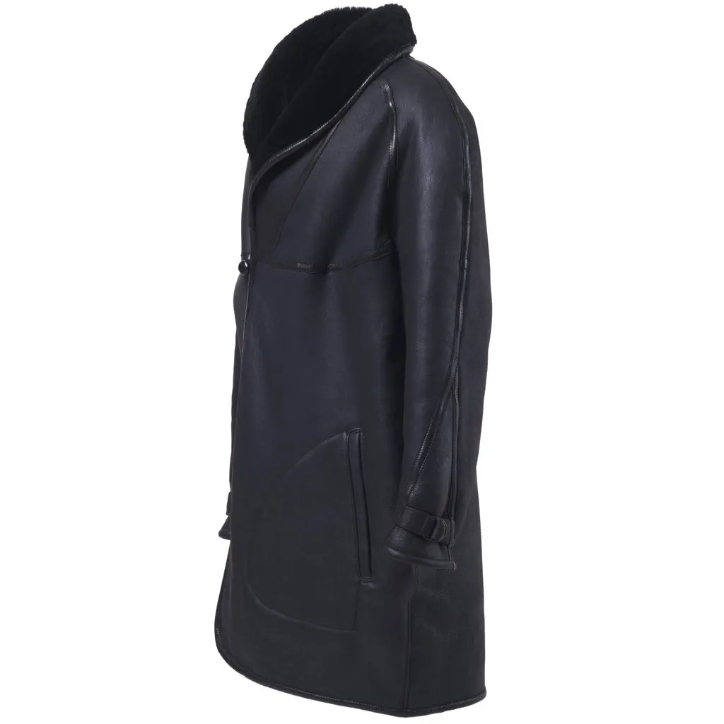 Unsigned Mac Douglas Black Natural Shearling Leather Coat-'10s Black Shearling Good - Back View