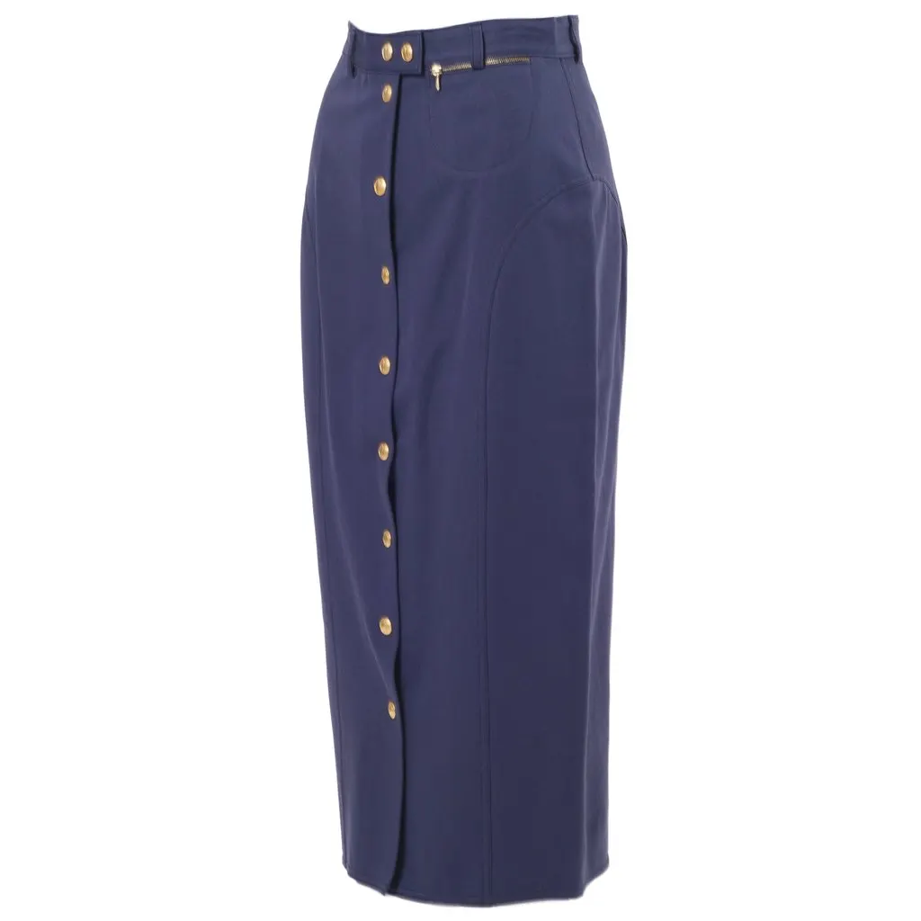 Gucci by Tom Ford Blue Skirt with Front Gold Buttons - '00s Blue Good - Back View