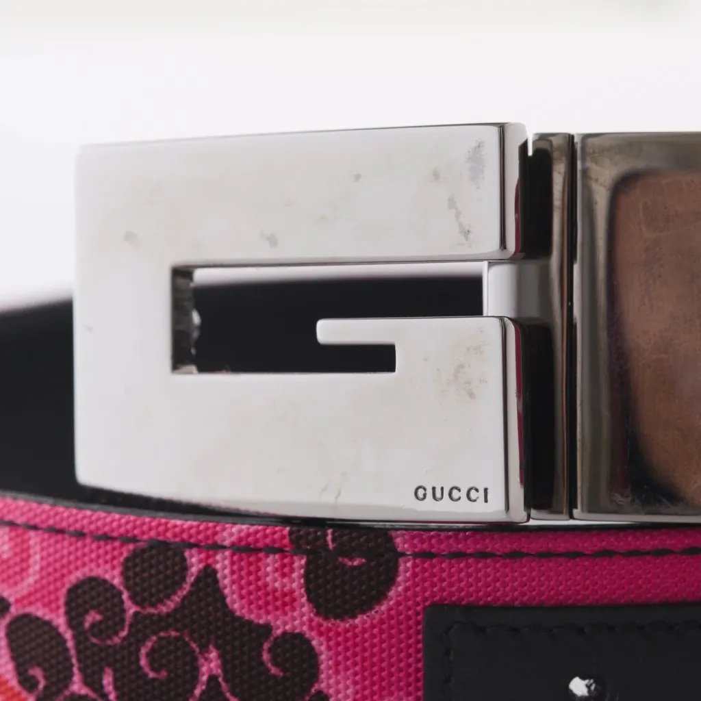 GUCCI Pink GG Canvas Belt with Silver G Buckle - '00s Pink Canvas Good - Inside View
