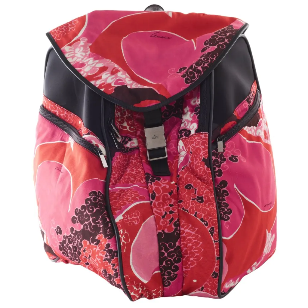 Gucci Printed Fabric Backpack with Leather Details - '00s Black Leather Good - Front View