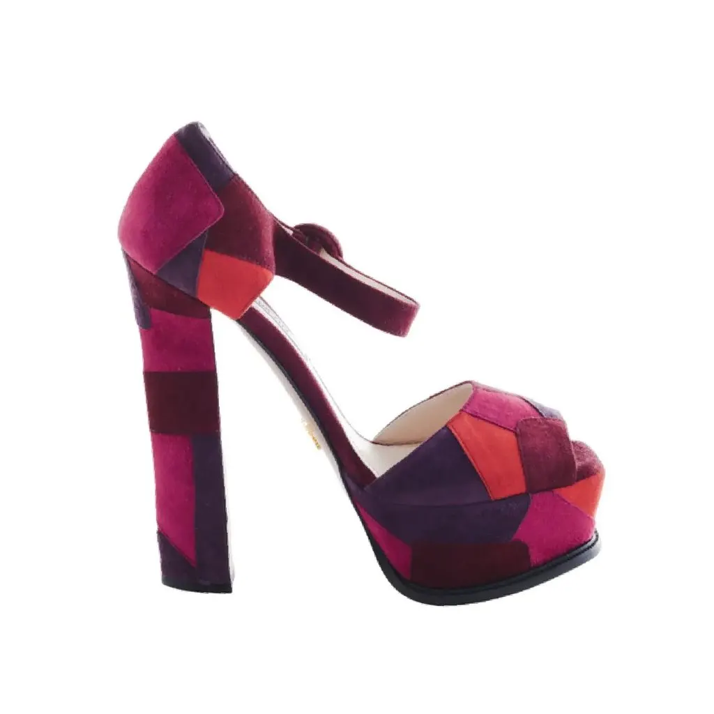 Prada Suede Patchwork Heel Sandals - '10s Purple Suede Good - Front View