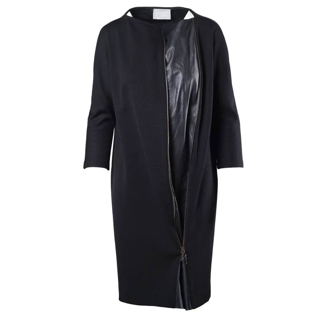Unsigned Wool Faux Leather Combo Dress - '00s Black Wool Good - Model View