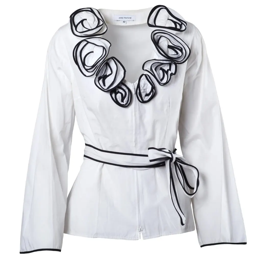 Unsigned Anne Fontaine V-Neck Long Sleeve Blouse - '00s White Good - Front View