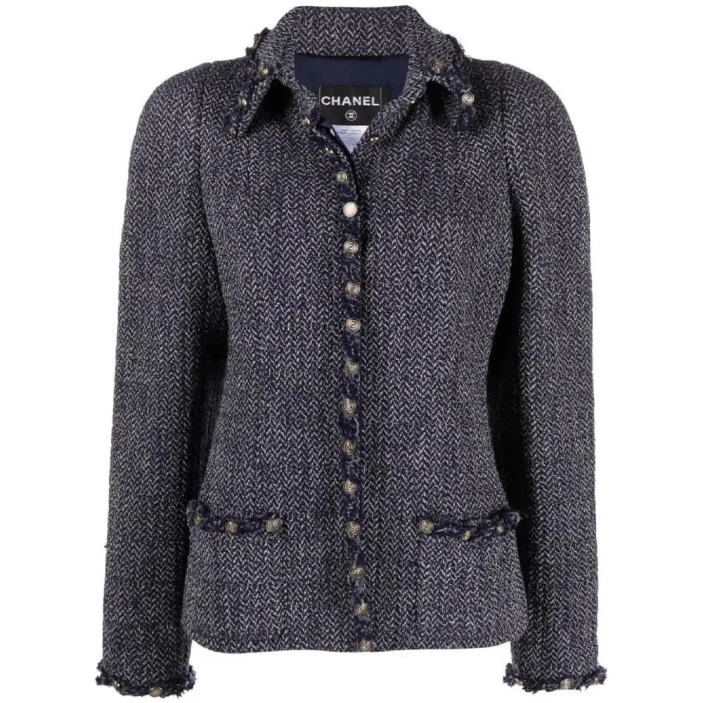 Chanel Blue Herringbone Wool Jacket - 2000s Blue Wool Good - Front View